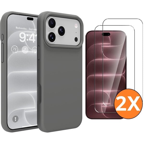 Ntech Hoesje geschikt voor iPhone 17 Pro / 18 Pro siliconen hoesje Grijs zacht siliconen hoesje backcover - met iPhone 18 Pro Screenprotector - 2 stuks