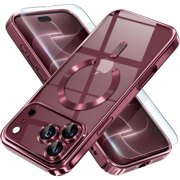 Ntech Ntech Hoesje Geschikt voor iPhone 18 Pro Max / iPhone 17 Pro Max hoesje burgundy Rood – MagSafe Transparante Backcover met Lensbeschermer + Screenprotector – 2 Stuks