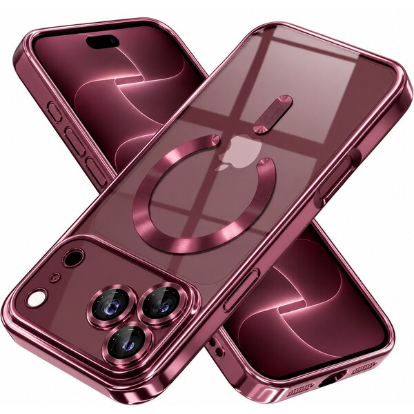 Ntech Hoesje Geschikt  iPhone 18 Pro Max Hoesje – Transparant / Burgundy Hybrid Backcover, MagSafe Compatibel & Verhoogde Camerabescherming – Slank en Stevig - Ntech