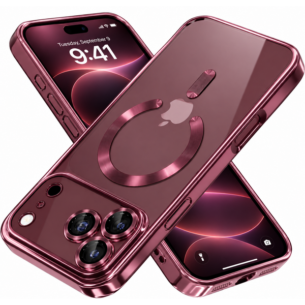 Ntech Hoesje Geschikt  iPhone 18 Pro Hoesje – Transparant/ Burgundy Hybrid Backcover, MagSafe Compatibel & Verhoogde Camerabescherming – Slank en Stevig - Ntech