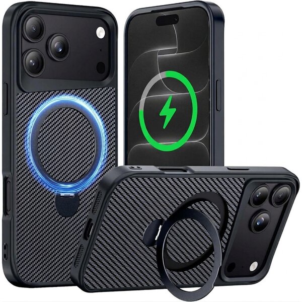 Ntech Ntech Carbon MagSafe Hoesje Geschikt voor iPhone 18 Pro Max / 17 Pro Max backcover met Ringstandaard Zwart