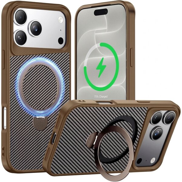 Ntech Ntech Carbon MagSafe Hoesje Geschikt voor iPhone 18 Pro Max / 17 Pro Max backcover met Ringstandaard Desert Titanium