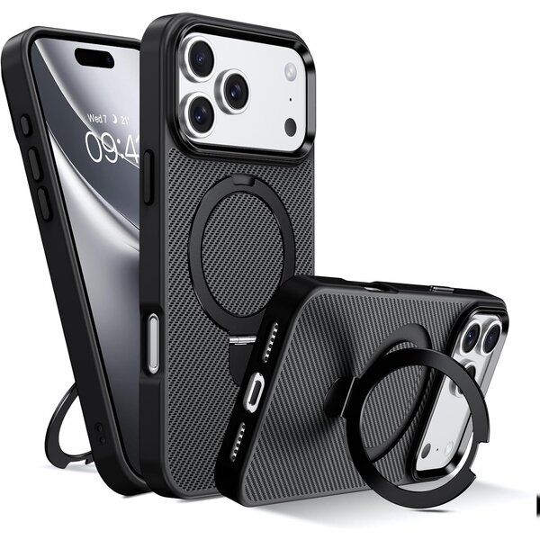 Ntech Ntech Carbon MagSafe Hoesje Geschikt voor iPhone 18 Pro / 17 Pro backcover met Ringstandaard Zwart