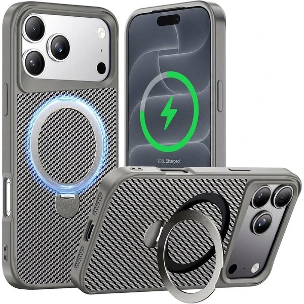 Ntech Ntech Carbon MagSafe Hoesje Geschikt voor iPhone 18 Pro / 17 Pro backcover met Ringstandaard Natural Titanium