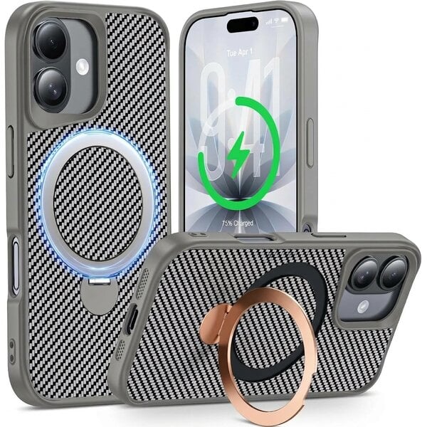 Ntech Ntech Carbon MagSafe Hoesje Geschikt voor iPhone 17 backcover met Ringstandaard Natural Titanium