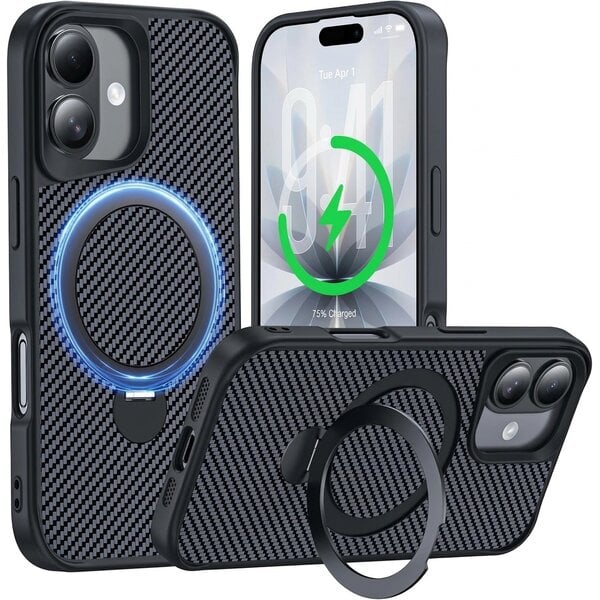 Ntech Ntech Carbon MagSafe Hoesje Geschikt voor iPhone 17 backcover met Ringstandaard Zwart