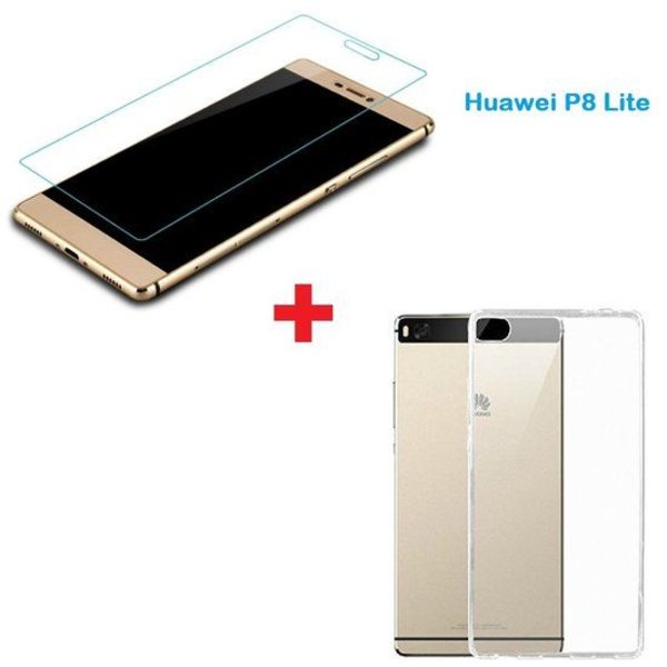 Merkloos Nieuwe Huawei P8 Lite Tempered glass / Screenprotector + Ultra Dun Transparant silicone hoesje