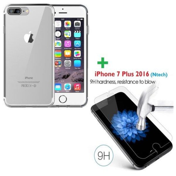 Merkloos iPhone 8+ / 7+ 5.5 inch tempered glass / Screenprotector met Gratis Transparant silicone naked skin tpu hoesje