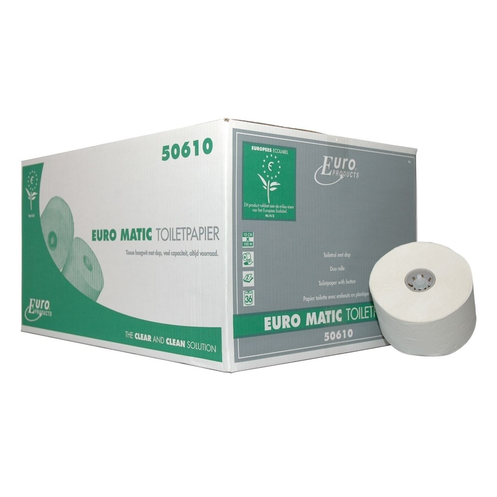 Toiletpapier Euro met dop, reclycled wit 2-laags 100mtr (36 rollen per doos)