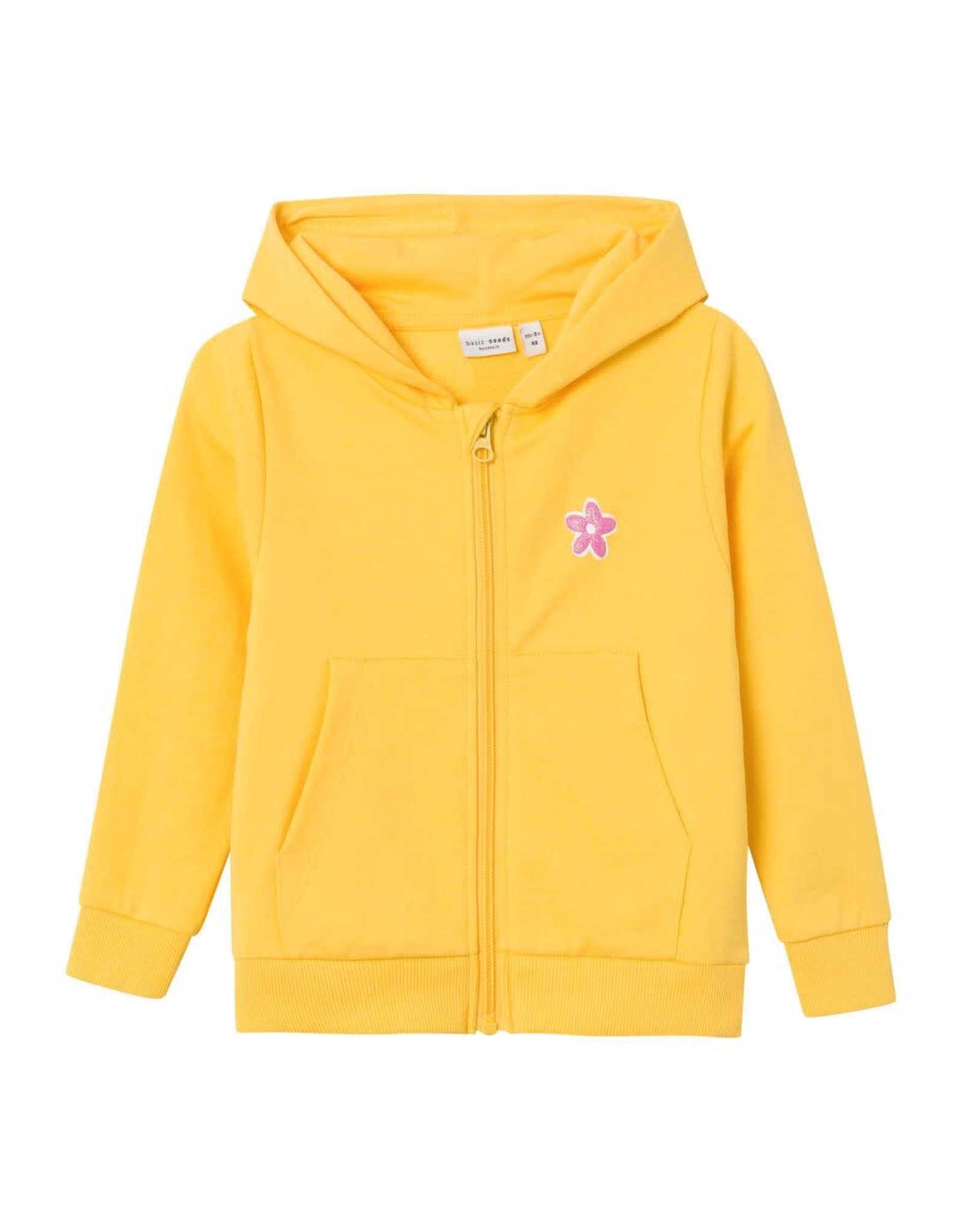 Name It Geel hoodie vestje met rits en glitterbloem