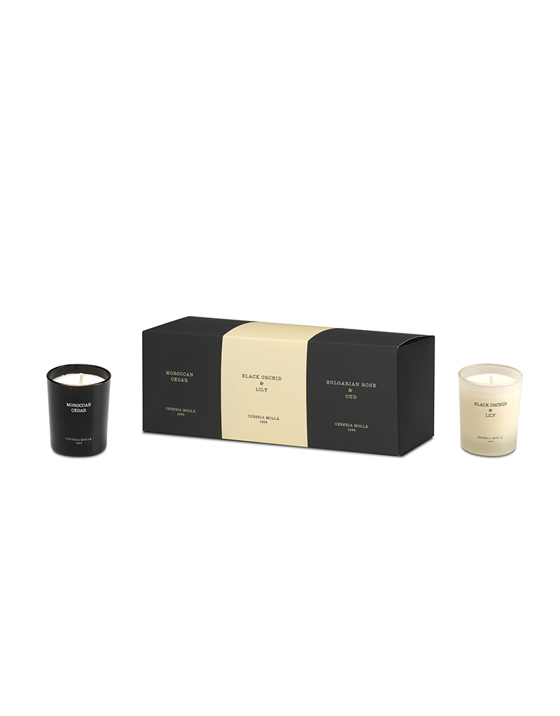 Mini scented candle gift set (3 x 70 g, Bulgarian rose & oud, black orchid  & lily, Moroccan cedar) - Curiosa Cabinet