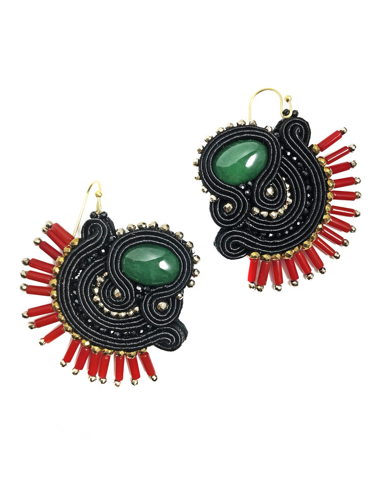 Agata Treasures Galatea black, red coral bead and green malachite earrings