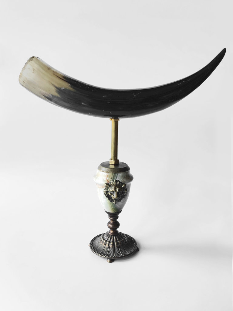 Atelier AJvB Horn on onyx and bronze base with lionhead ornament