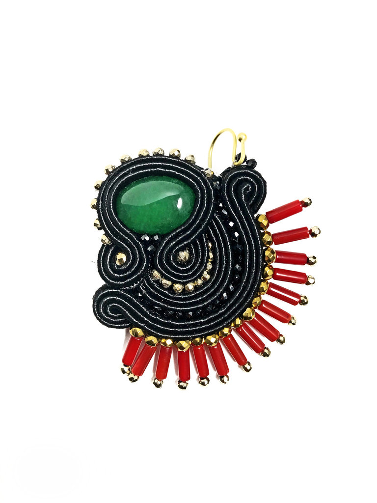 Agata Treasures Galatea black, red coral bead and green malachite earrings