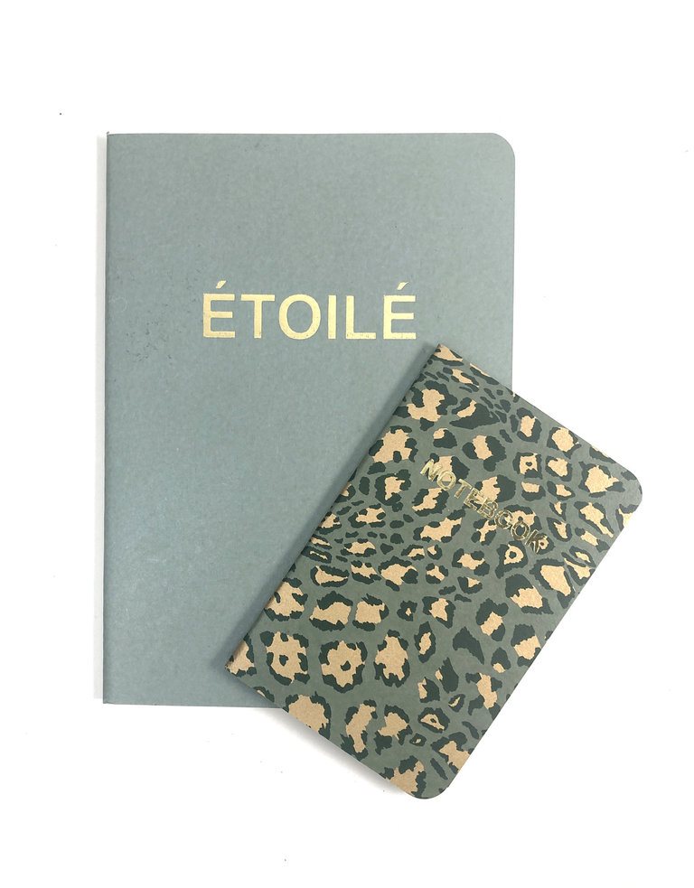 SET of 2, Soft Cover Notebooks, Jadeite Etoile + agave green Leopard