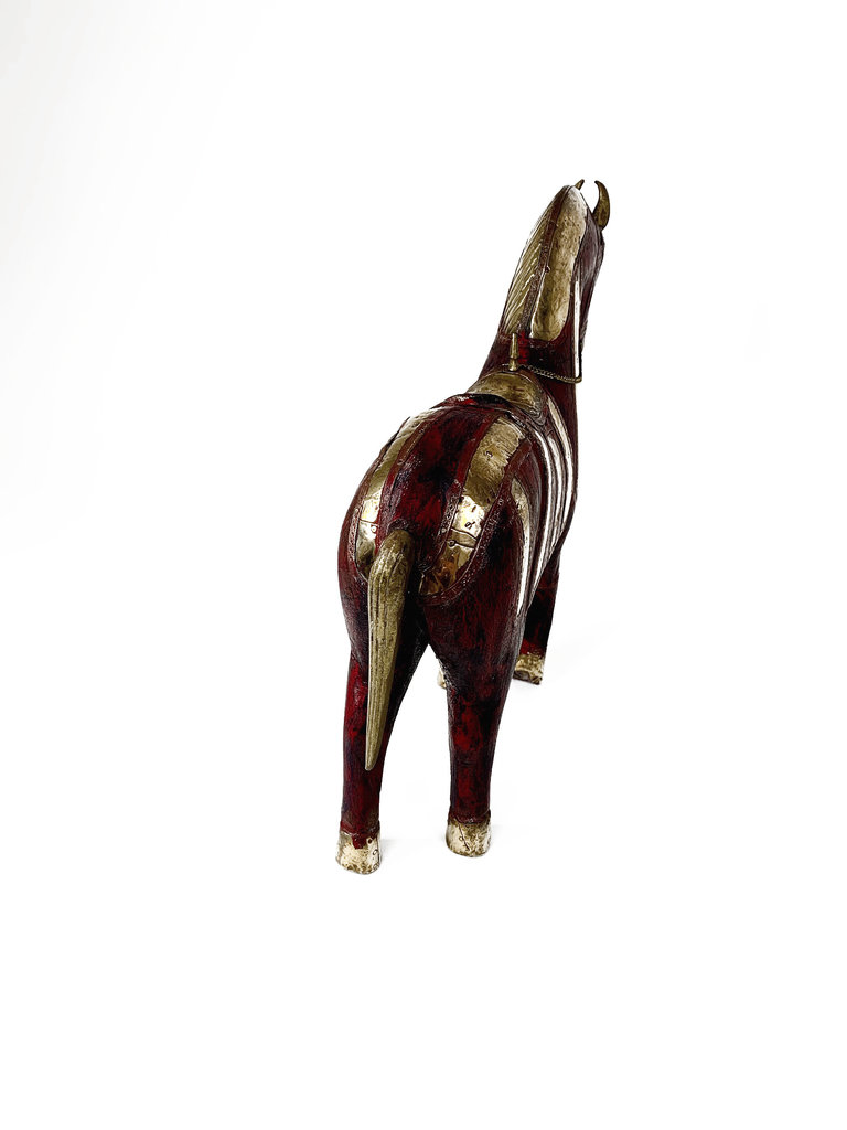 Vintage Vintage Italiaans decoratief paard van hout met koperen versieringen - Groot