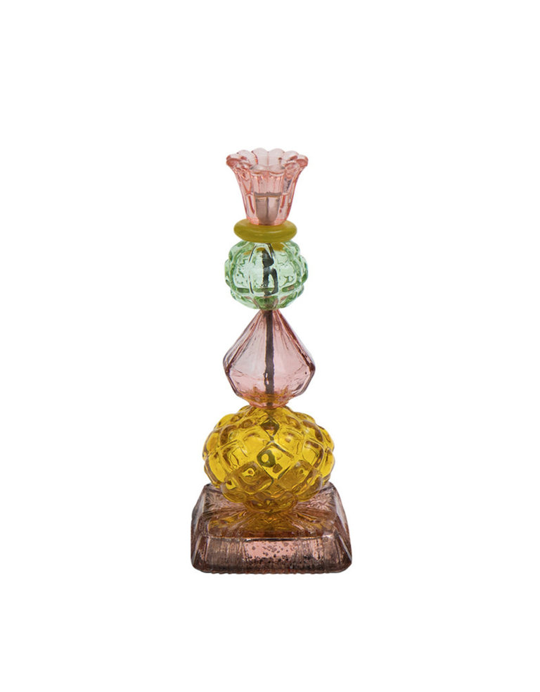 Multicolored glass candle holder in pink, green and orange