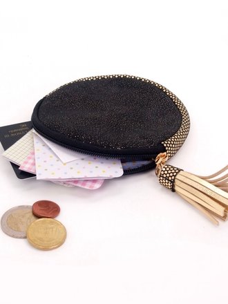Noï/Natural Life Black round leather gold dust pouch Noï/Natural Life Black round leather gold dust pouch