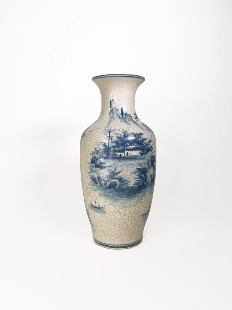 Vintage Vintage  handbeschilderde blauw-witte vaas