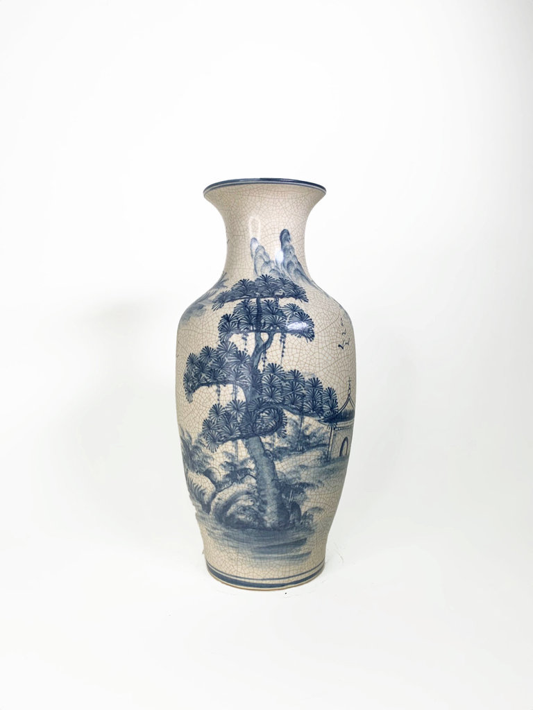Vintage Vintage  handbeschilderde blauw-witte vaas