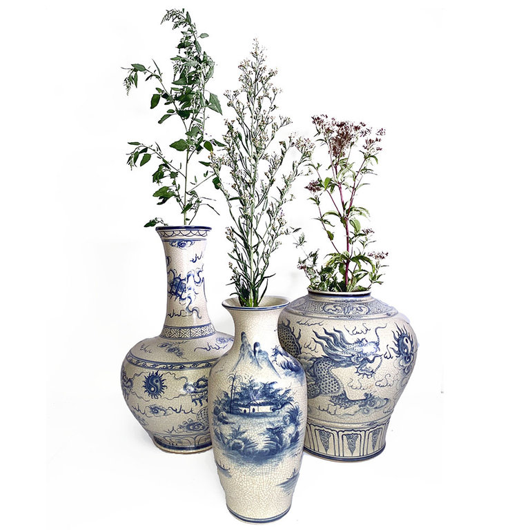 Vintage Vintage  handbeschilderde blauw-witte vaas