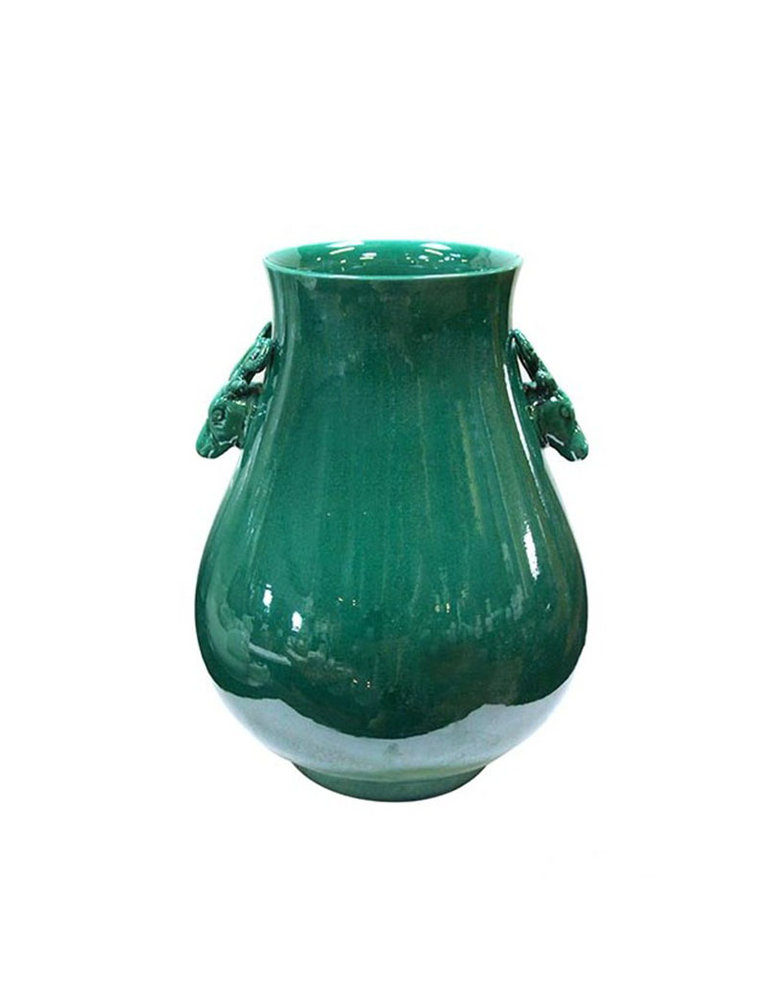 Porcelain vase with deer handles in an imperial green color