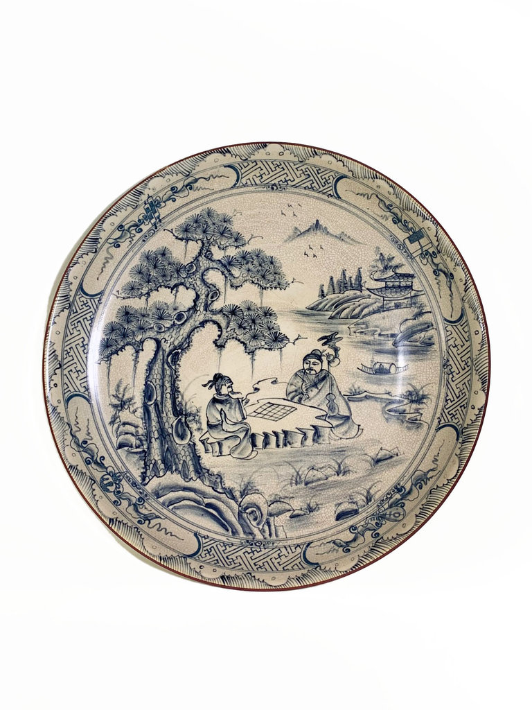 Vintage Vintage large hand-painted plate, two men playing