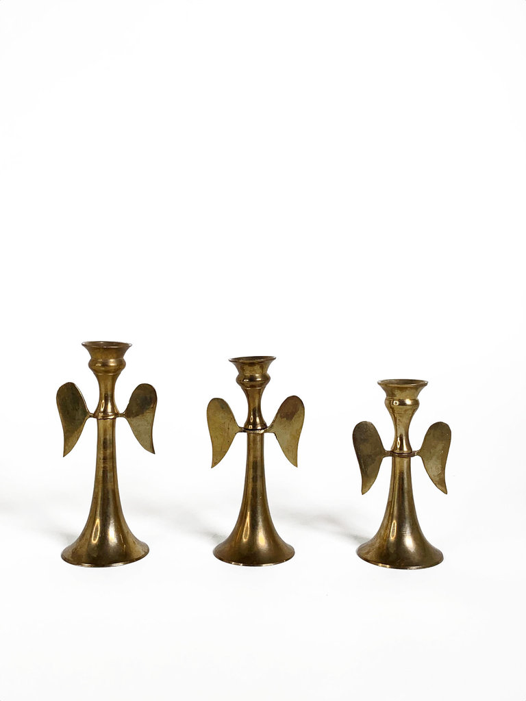 Vintage Set of three brass angel wing candle holders