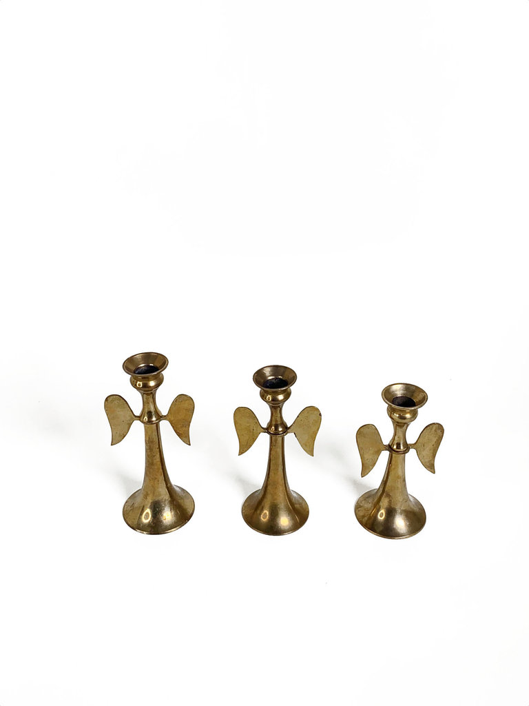 Vintage Set of three brass angel wing candle holders