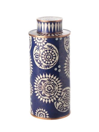 Fabienne Jouvin Cloisonné geëmailleerde theedoos, grafisch, donkerblauw, hoog Fabienne Jouvin Cloisonné geëmailleerde theedoos, grafisch, donkerblauw, hoog