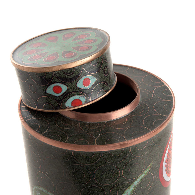 Fabienne Jouvin Cloisonné enameled tea jar with snakes pommegranate - tall