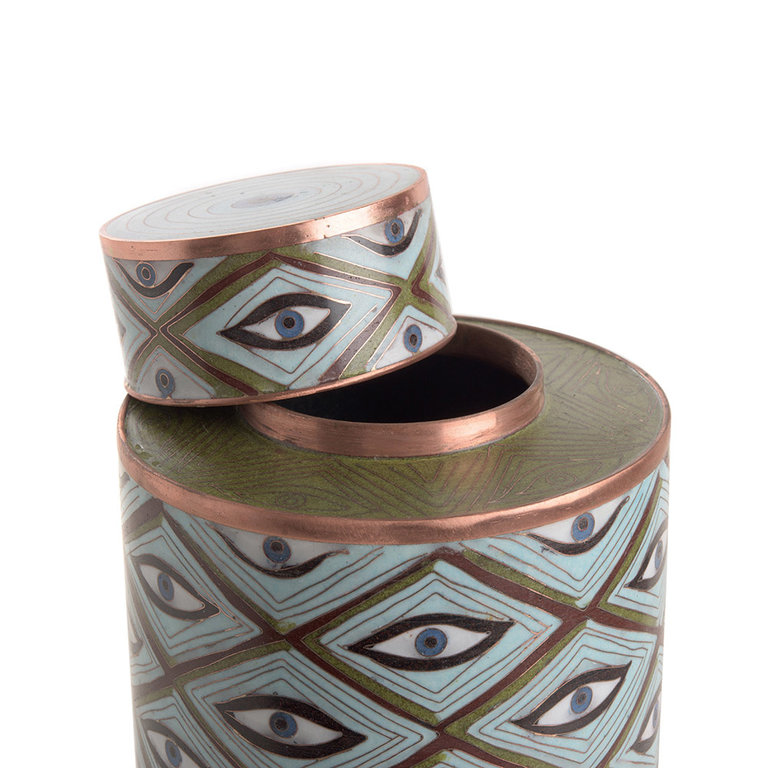 Fabienne Jouvin Cloisonné enameled tea box, eyes lozenges, tall