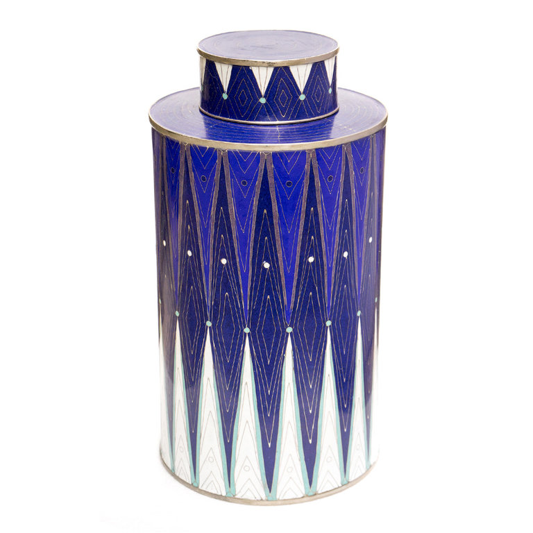 Fabienne Jouvin Cloisonné enameled tea box, blue diamond, extra tall