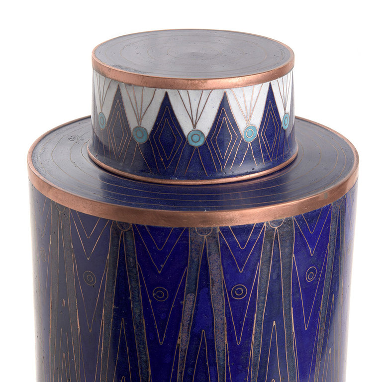 Fabienne Jouvin Geëmailleerde cloisonné extra hoge theebus, diamant, wit met blauw