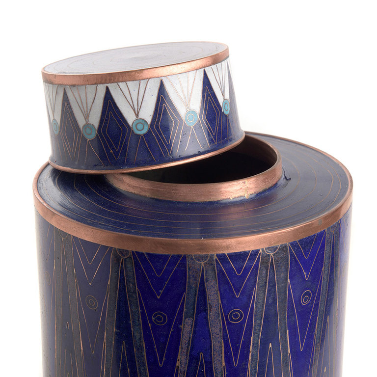 Fabienne Jouvin Geëmailleerde cloisonné extra hoge theebus, diamant, wit met blauw