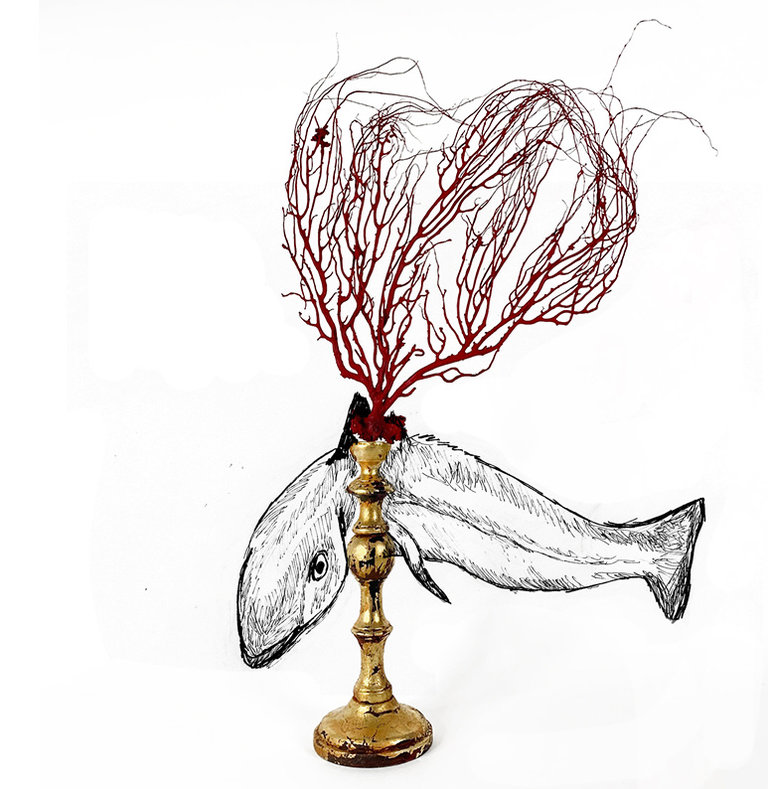 Marieke Ariëns Interior Objects Red sea fan on gilded wooden pedestal