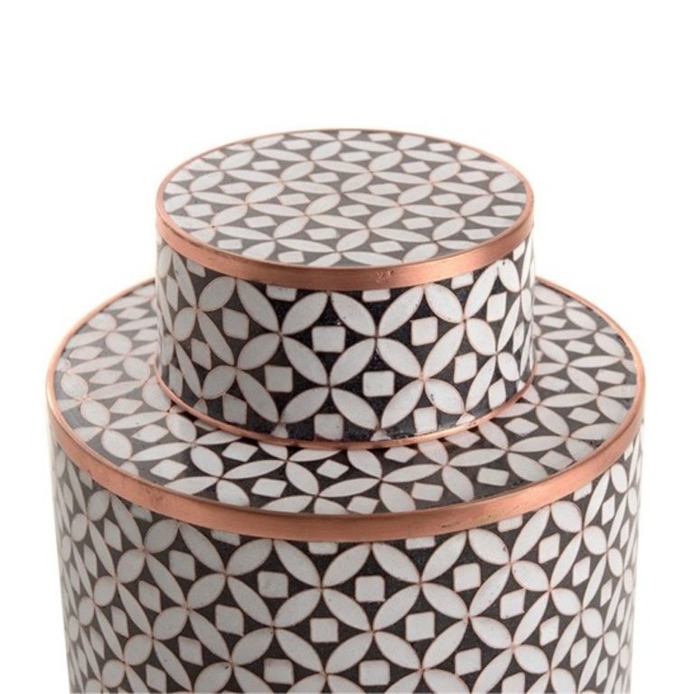 Fabienne Jouvin Cloisonné enameled short tea box, geometric deco black and white copper