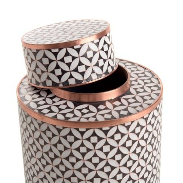 Fabienne Jouvin Cloisonné enameled short tea box, geometric deco black and white copper