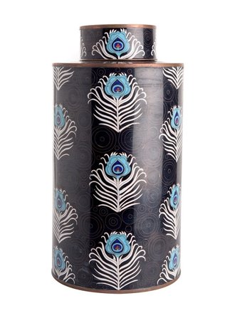 Fabienne Jouvin Cloisonné extra hoge theebus, zwart met blauwe pauwenveren Fabienne Jouvin Cloisonné extra hoge theebus, zwart met blauwe pauwenveren