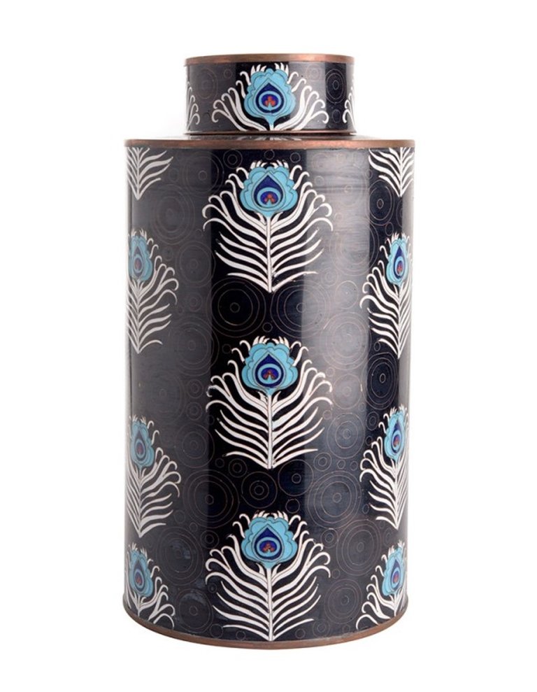 Fabienne Jouvin Cloisonné enameled tea box, black blue peacock, extra tall