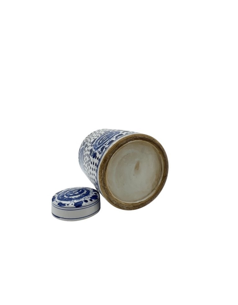 Witte pot met blauwe stippen