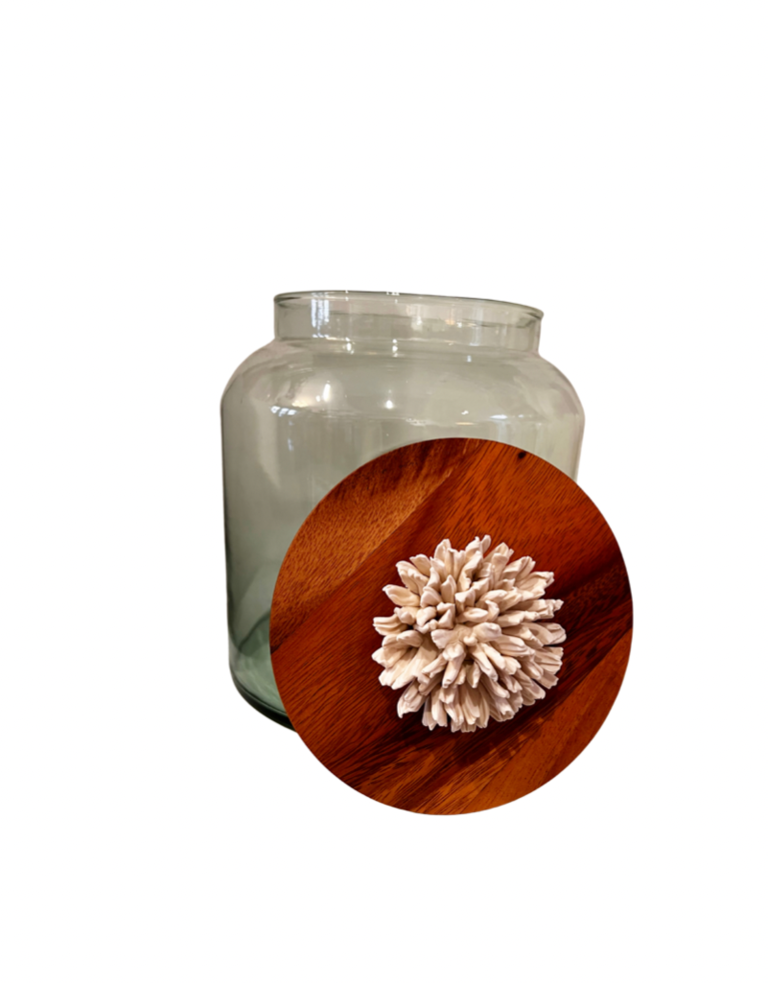 Anoq Large glass  jar - wooden lid with flower