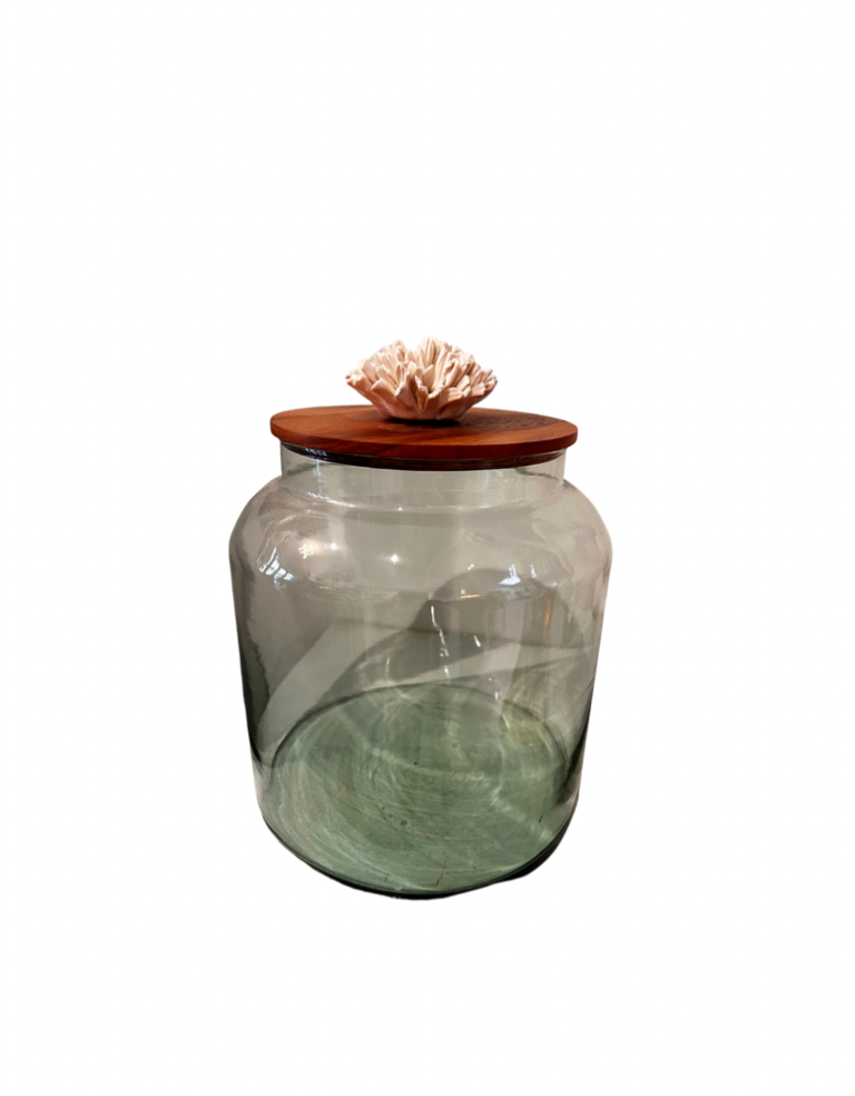 Anoq Large glass  jar - wooden lid with flower