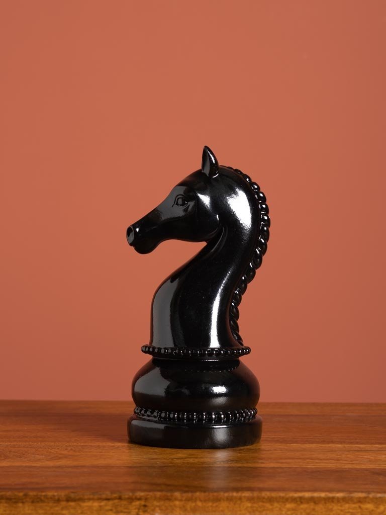 Large shiny black chess horse - 23 cm