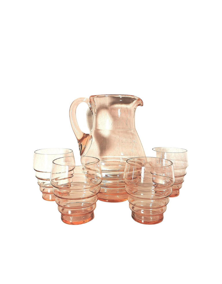 Vintage Vintage pink glass pitcher and glasses