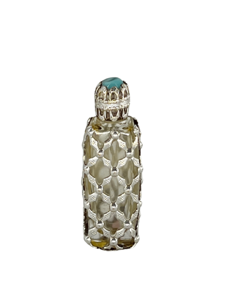 Vintage Klein parfum flesje met zilveren en turquoise decoratie