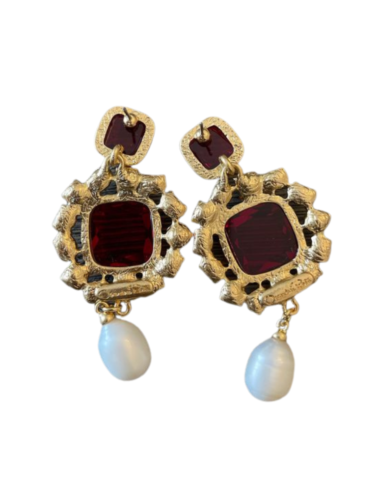 Vintage Oscar de la Renta earrings - Red sparkle and pearl