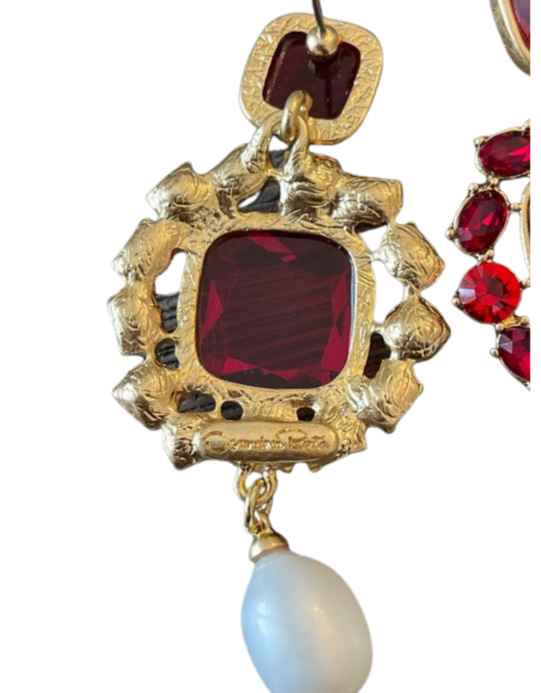 Vintage Oscar de la Renta oorbellen - Rode kristallen en parel