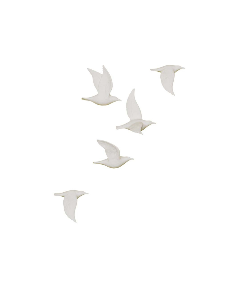 Set of five white  porcelain wall birds