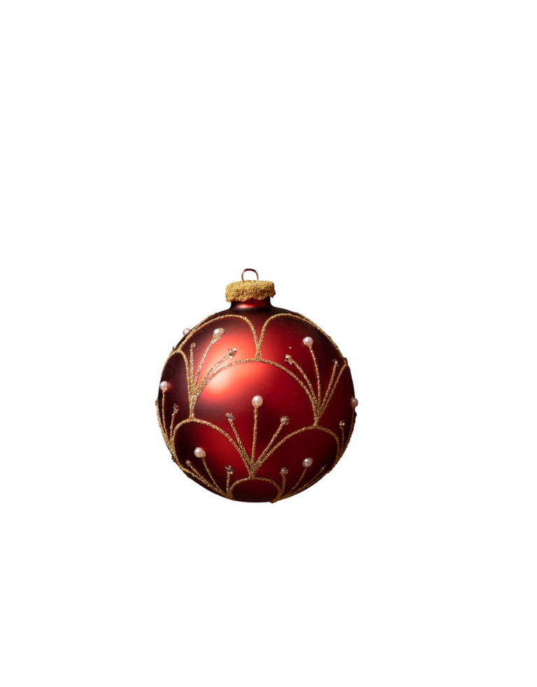 Kerstbal - Glas, rood met gouden fontein en parel decoratie